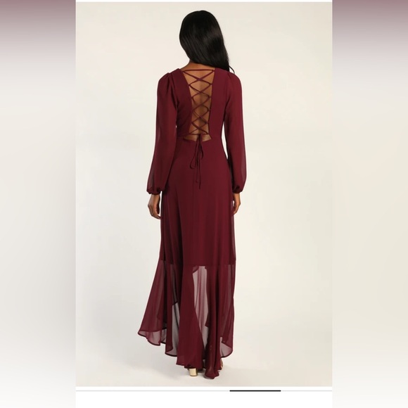 Lulus Perfectly Lovely Plum Long Sleeve Lace-Up High-Low Maxi Dress - Picture 4 of 4